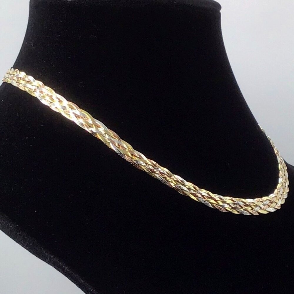 Woven Herringbone Necklace Tri-color Gold Over Sterling Silver 18”